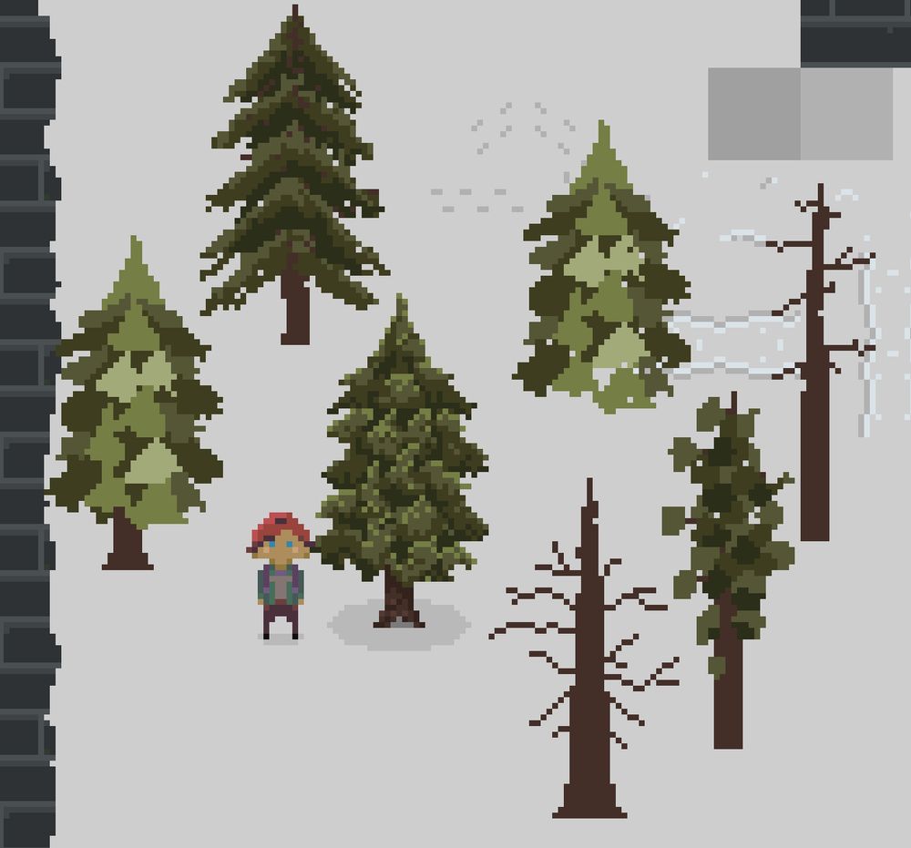 pixel art video game scene with trees.
