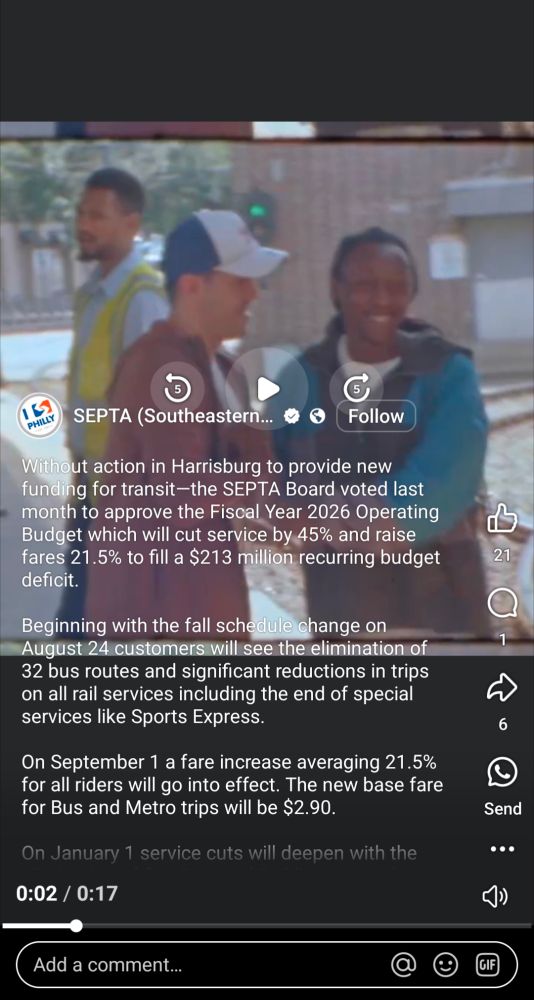 FB video from SEPTA with a caption detailing imminent massive route cuts and fare increases.