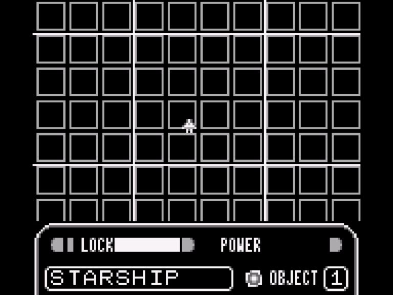 A grid-based radar or map screen, a small starship at the center.