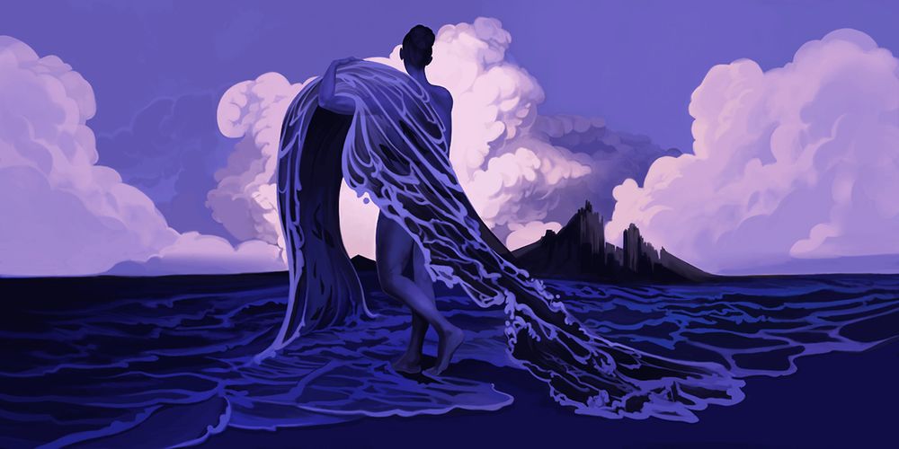 Woman carrying a wave over her shoulder across the shoreline. The scene is painted in blues and purples. She looks at a distant island with cliffs. Large pink and cream clouds decorate the skyline.