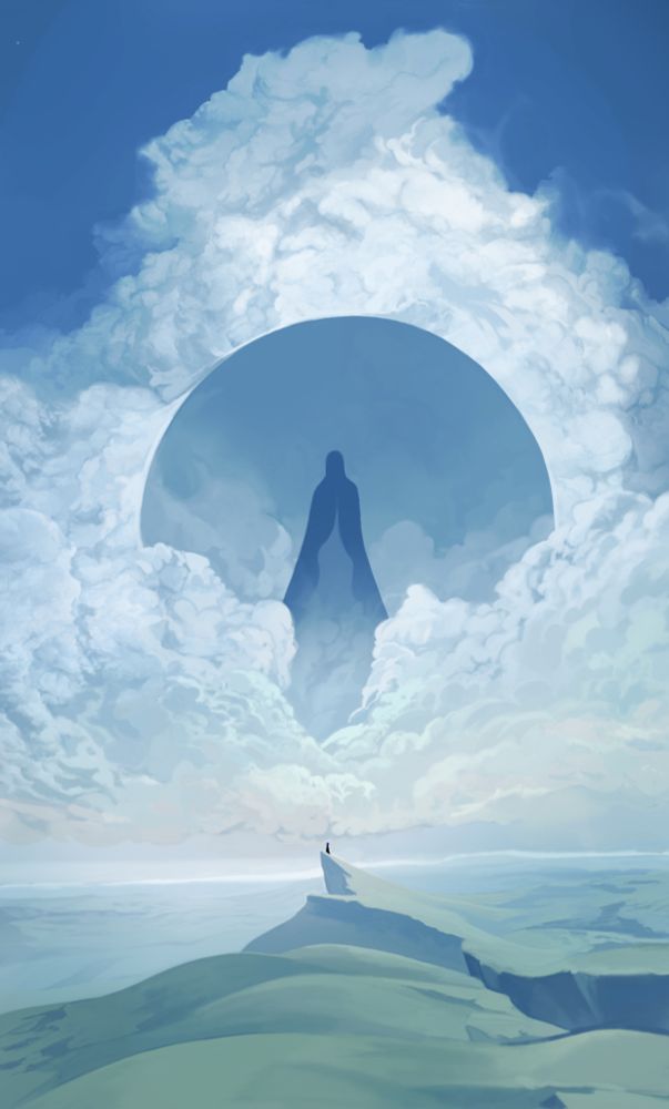 View of clouds with perfect circle cut out and veiled giant figure in the middle. A green landscape with hills flows below. A tiny speck of a figure can be seen on a peak of land. From the graphic novel / comic ARRILLUM 