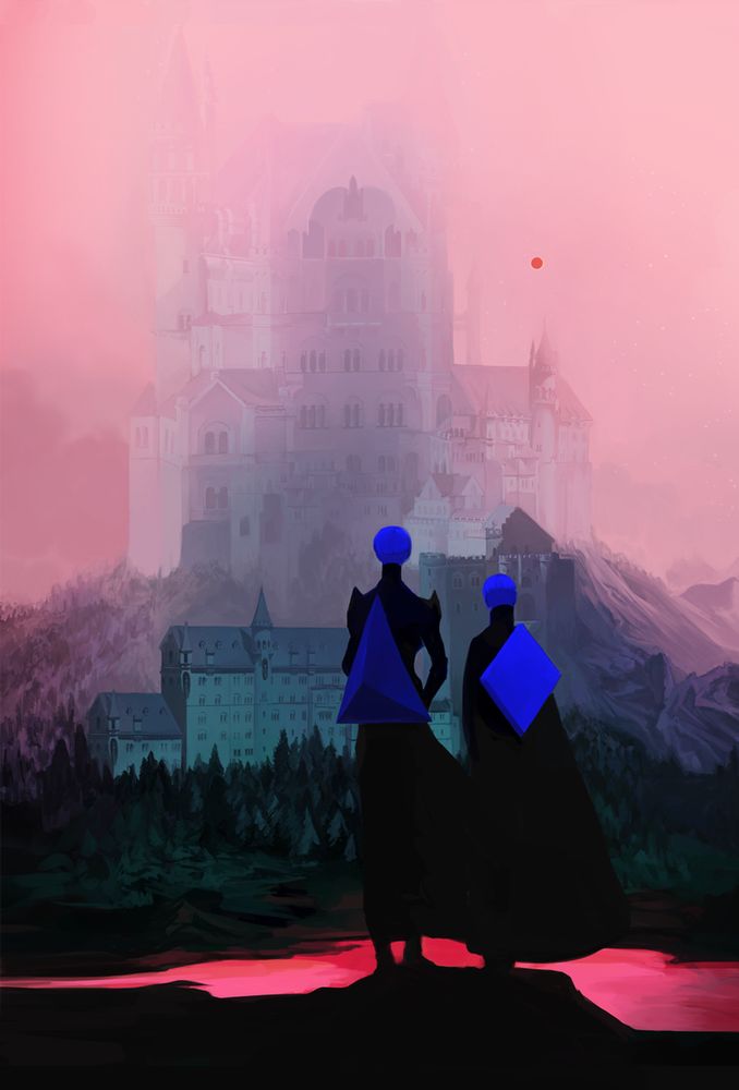 Two blue figures clad in black with blue emblems stand before a hazy castle in the distance. A red river stretches at their feet. The sky is pink with a red star near the castle.