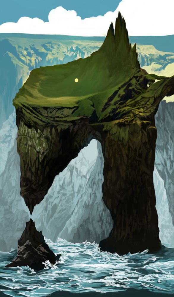 View of coastal cliff in precarious shape with green top and a star perched in the center. In blues, yellows, and greens. 