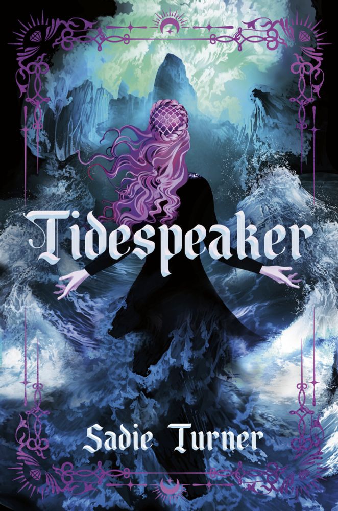Tidespeaker by Sadie Turner. A young woman in a black dress stretches out her arms raising the waves around her with her voice. Her dress is transforming into cascading water. An island can be seen in the distance. A purple border with gems in the corners decorates the trim.