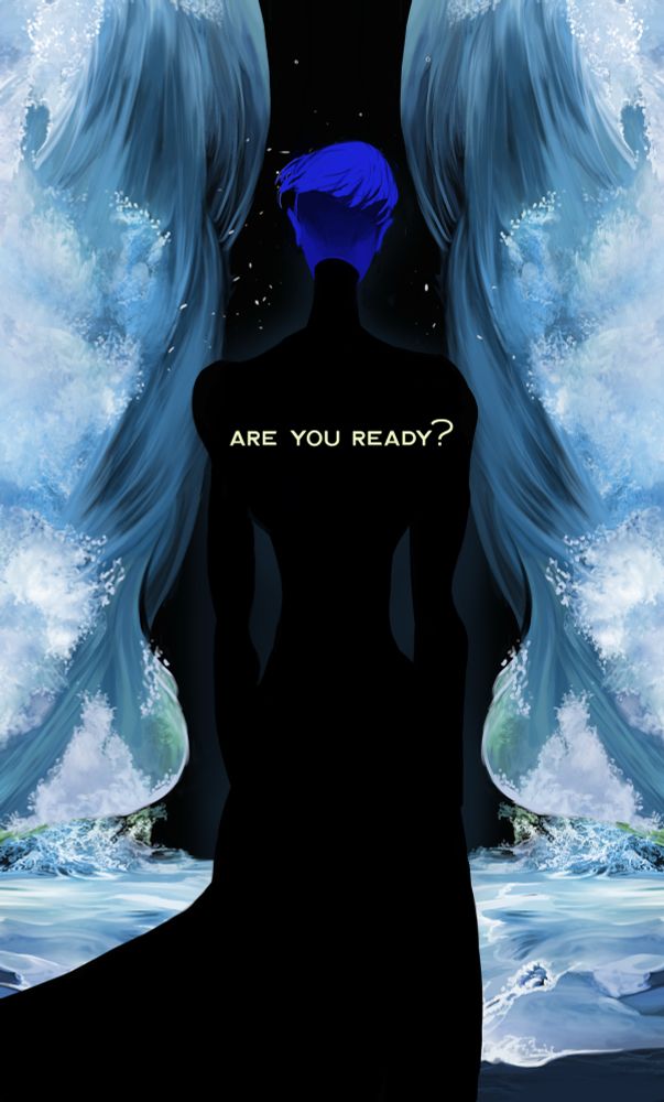 VALLONO a blue star character in black garb stands before a parting wave opening to a void. From the graphic novel ARRILLUM.