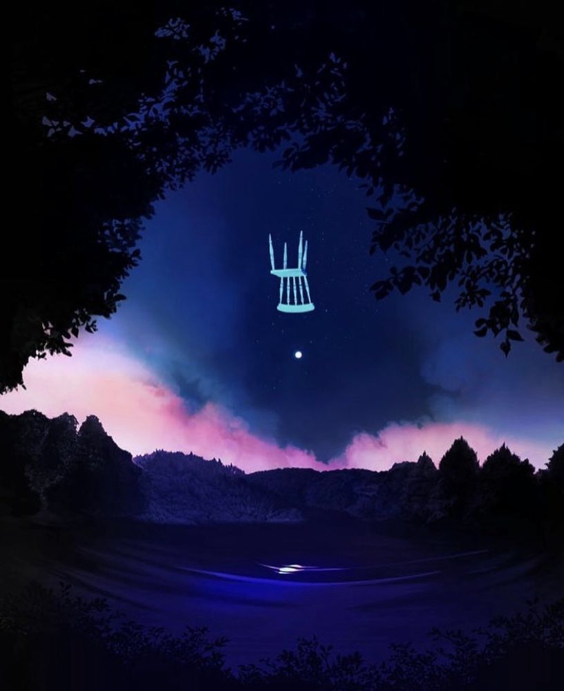 Chair upside down above the twilight moon over a lake. Leaves arch across the top in a canopy.