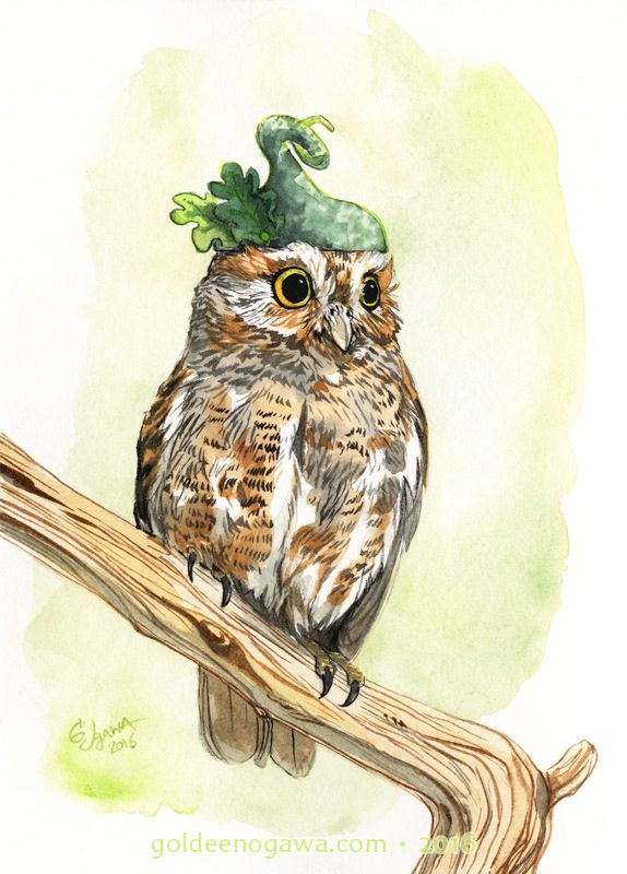 Watercolor painting of a fluffy brown-and-gray owl wearing a green hat decorated with oak leaves and a curling point. There is a watermark at the bottom: goldeenogawa.com • 2016