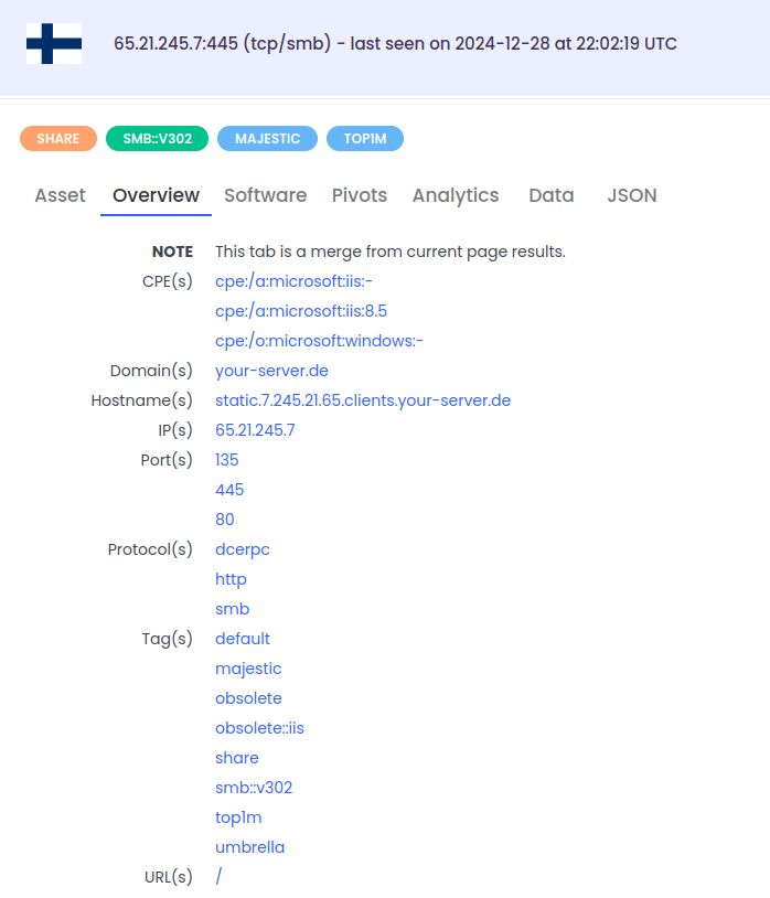 onyphe screenshot showing ip 65[.]21.245.7 exposing port 445 with smb on the 28 dec 2024. also exposing ports 135 and 80 and showing IIS version 8.5