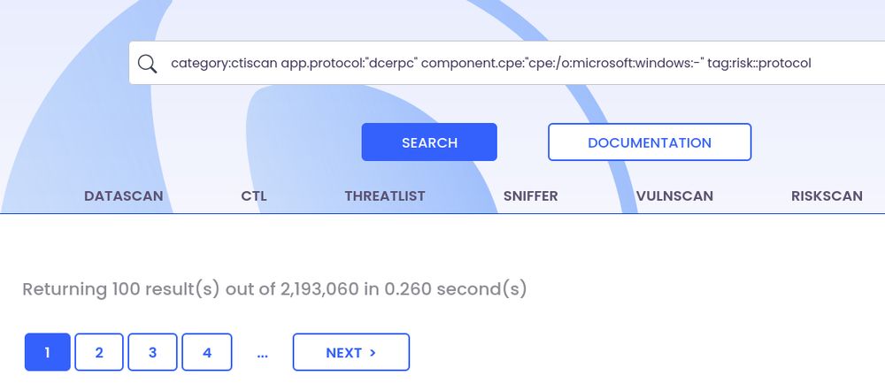 onyphe ctiscan result showing the number of rpc protocol exposed on Windows boxes, that is 2193060 found in 0.26 seconds