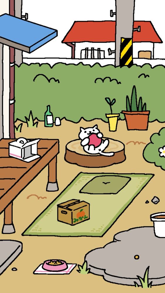 Screenshot of a mobile game. Drawn scene of a backyard with a cat holding a ball.
