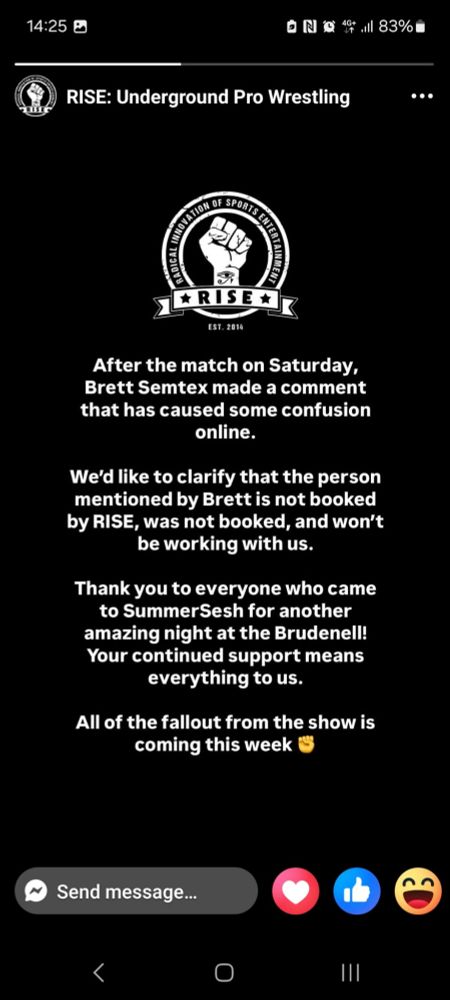 I statement by RISE Underground stating that the problematic individual mentioned at summer sesh will not be getting booked at that company.