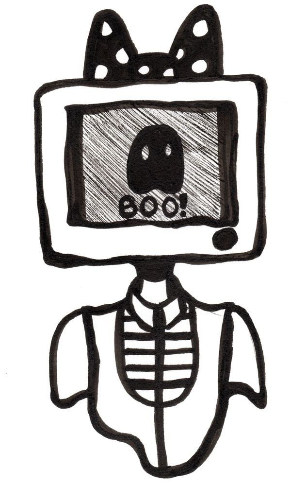 Bust up black and white object head wearing a sleeveless dress shirt along with a white on black polka dot bow on its computer head. The screen has a ghost in front of static and the words "BOO!" across the bottom.