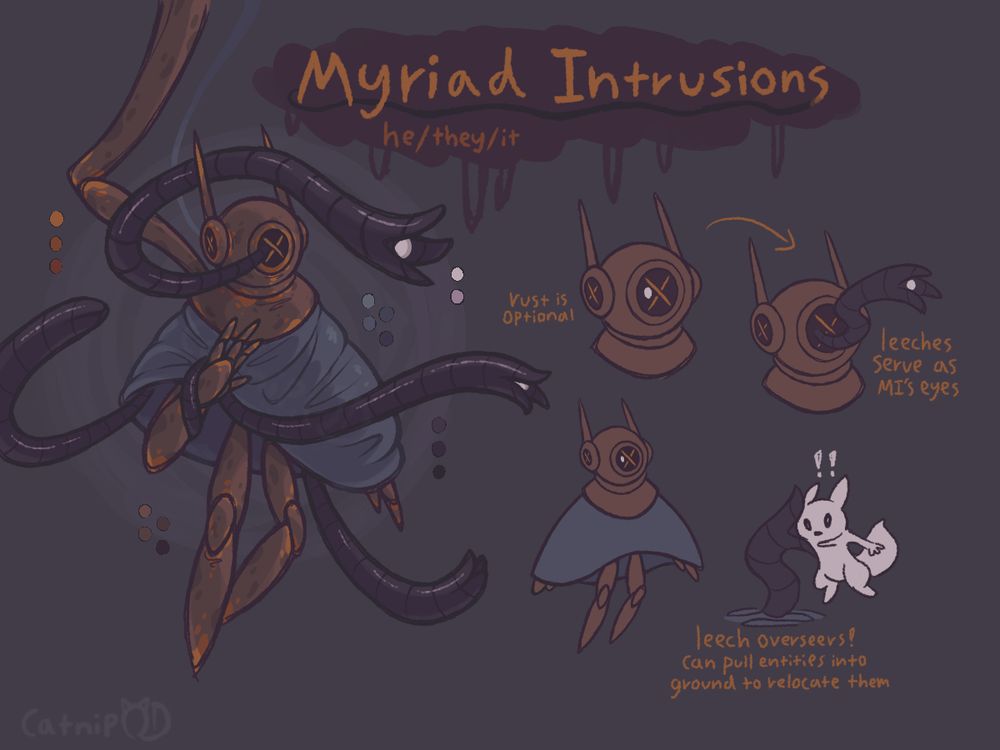 the puppet body of an iterator from rainworld named Myriad Intrusions. he resembles a rusted bronze humanoid robot in a blue shawl and diving helmet. multiple leeches are emerging from under his shawl, as well as one from out of his diving helmet. the leech's mouth gives off the illusion of an eye-light while concealed within the helmet. a leech is also seen grabbing an unsuspecting slugcat.