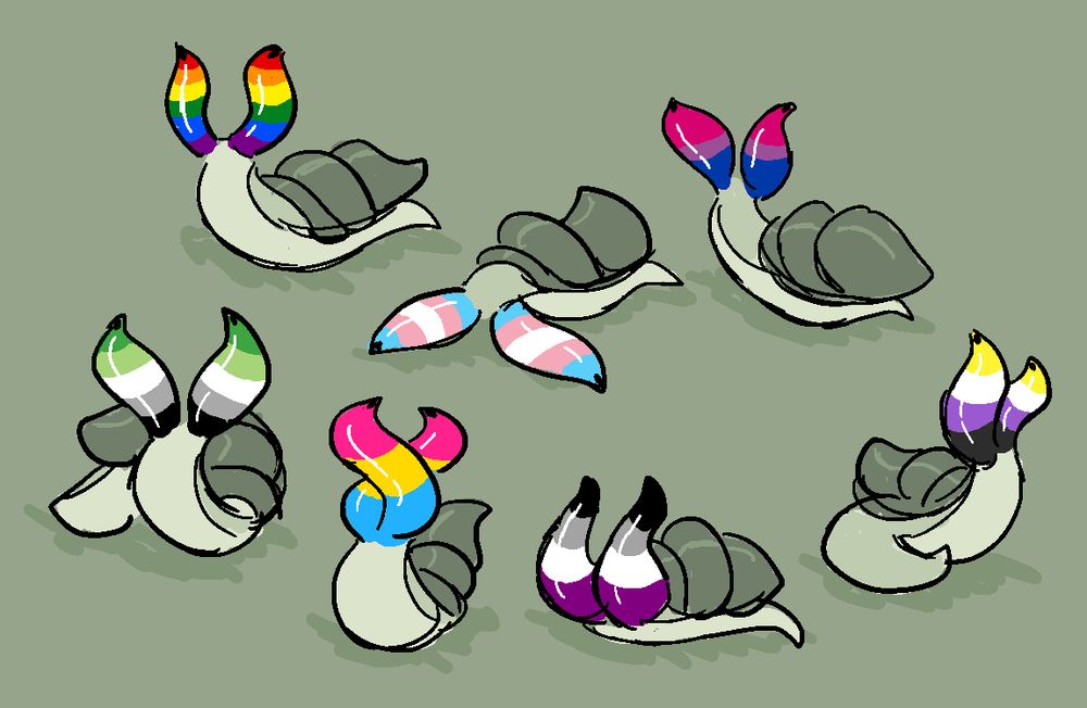 various snails parasitized by leucochloridium paradoxums.. pride flavoured!!
left to right, top to bottom: gay, trans, bisexual, aromantic, pansexual, asexual, nonbinary