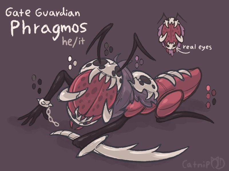 phragmotic ant character. also known as a turtle ant, basically an ant with a big fucking door shield head. hes big and red and adorned with bones, including the top and bottom half of an animal-like skull on the top and bottom of his shield door head, and "tusks" curve around the sides. his antennae emerge out the eye-holes, and his real "face" + mandibles can be seen peeking out the bottom. also hes wielding a big fuckin bone sword in his left hand, and he has a bone bracelet on his right hand with chains attached to it. he has a fur ruff behind his head, and another fur ruff under his skull pauldron.