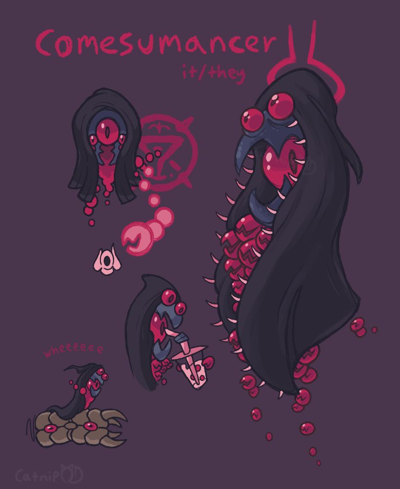 a figure consisting of a robe covering a group of swarmers, red orb-like creatures with bitey mouths. the "head" of the figure is a chomper, an evolved swarmer that's blue with multiple eyes. the robe is lined with teeth.
it is also seen performing various actions such as conjuring worm-like bullets at null, a spaceship, as well as drinking boba tea, and riding an intruder, a large worm.