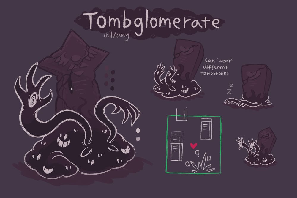 a tombglomerate is a black mass with various eyes and mouths on it, "wearing" a tombstone as a shell. its eyestalks terminate into hand-like appendages with swirling eyespots on the end. overall, it bears a resemblance to a snail.
when it sleeps, it retracts into its tombstone shell, leaving mostly only its hand-eyestalks visible.
one of its attacks involves dropping tombstones onto the soul which burst into bullets when they hit the floor.