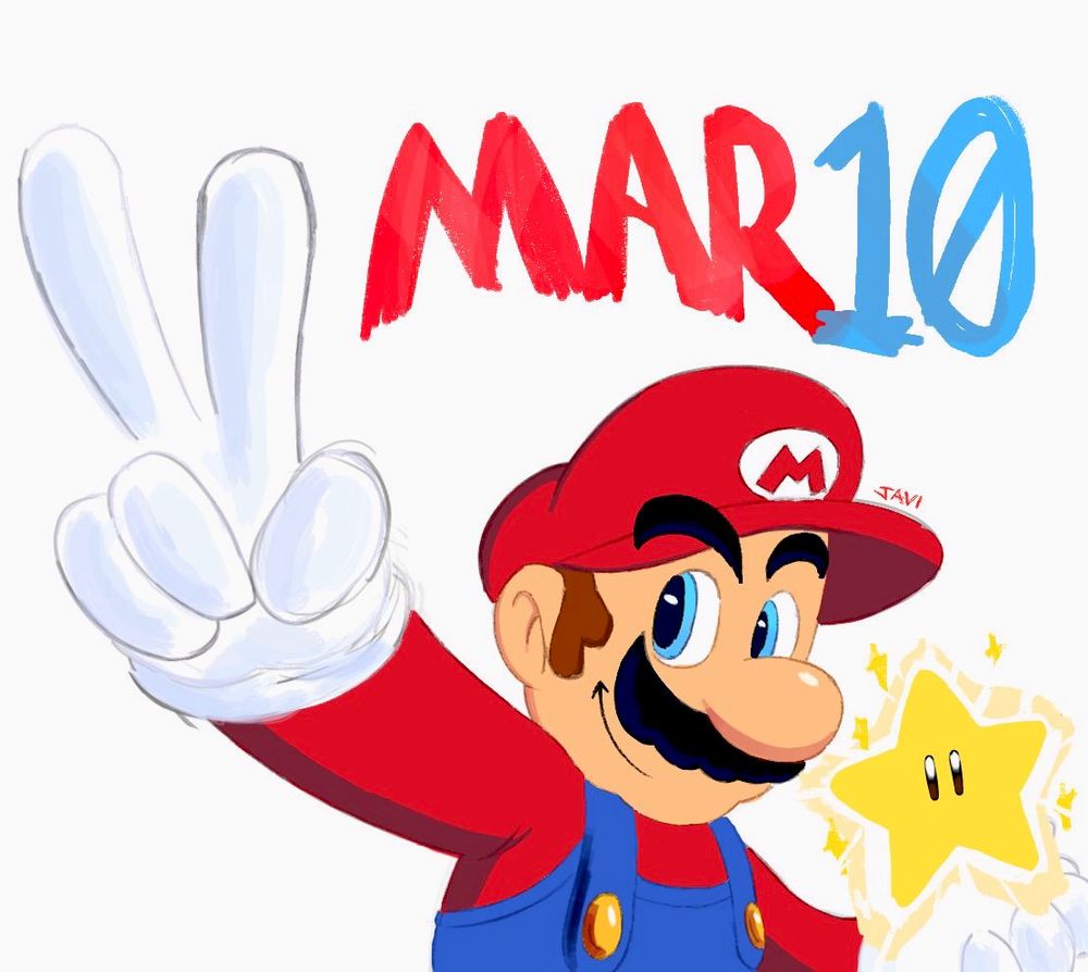 Mario holding a super star and doing a peace sign, with bold text saying "MAR10" above him