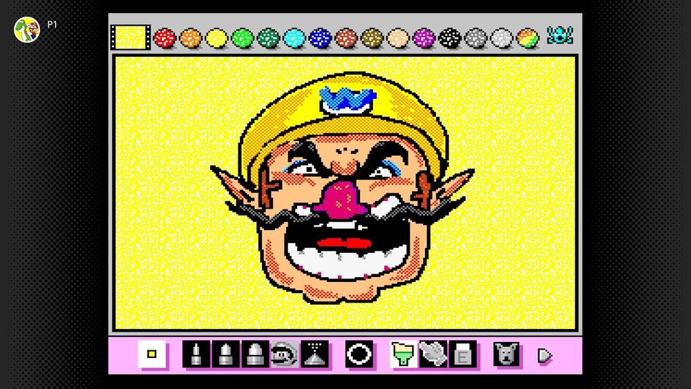 wario screaming with a yellow background, drawn in mario paint.