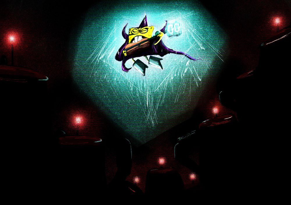 Spongebob, wearing his purple wizard outfit and playing his Goofy Goober peanut guitar, rises into the air, surrounded by mind-controlled citizens.