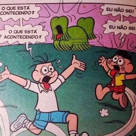 Imagem de um quadrinho da Uma da Mônica com os pai do Cebolinha perguntando aos gritos e correndo o que está acontecendo e o cascão também correndo dizendo que não sabe 