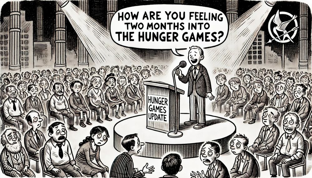 A cartoon depicting a TV announcer, surrounded by people who are freaking out. The podium reads: "Hunger Games Update". The announcer says, "How are you feeling two months into the Hunger Games?"