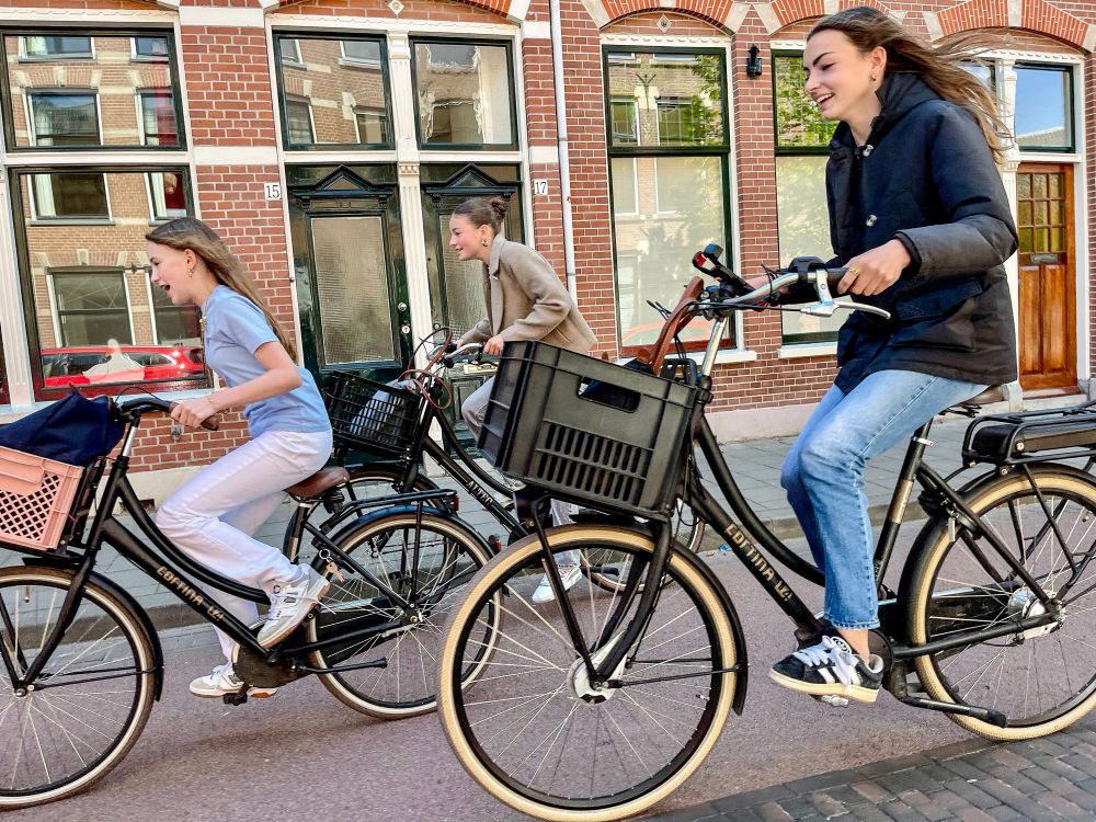 People of all ages and abilities in casual spring attire ride bicycles along dedicated infrastructure on the streets of Delft.