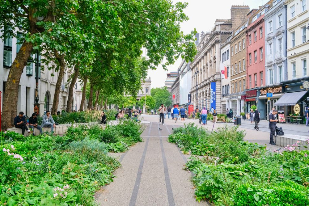 People of all ages and abilities walk, cycle, sit, and socialise on the Strand Aldwych—a former arterial turned pedestrian zone in London, which is lined with buildings, trees, flowers and plantings, benches, and terraces.