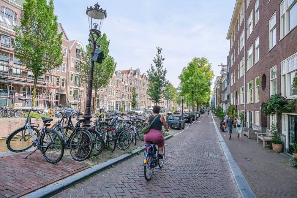 People of all ages and abilities walk, cycle, and drive along the low-traffic streets of Amsterdam, which are lined with buildings, trees, bike infrastructure, and prominent 30 km/hr signage.
