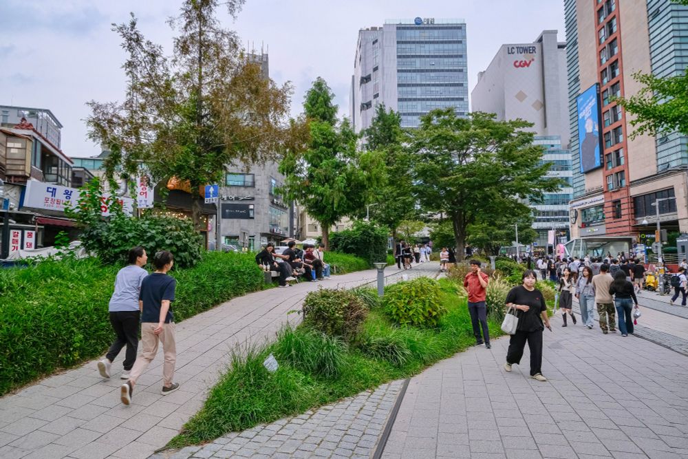 Photos of the 'Gyeongui Line Forest Park' project in Seoul: a linear park repurposed from a former railway line, that contains trees, shrubs, flowers, rest areas, cafes, kiosks, water installations, and views of the city.