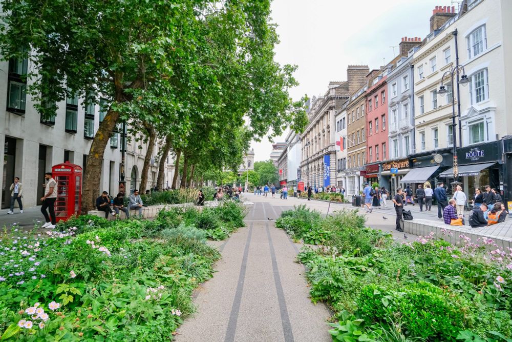 People of all ages and abilities walk, cycle, sit, and socialise on the Strand Aldwych—a former arterial turned pedestrian zone in London, which is lined with buildings, trees, flowers and plantings, benches, and terraces.