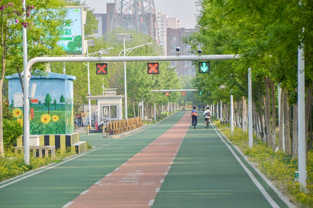 People of all ages and abilities ride bicycles along a green- and orange coloured dedicated and elevated cycle path in Beijing.