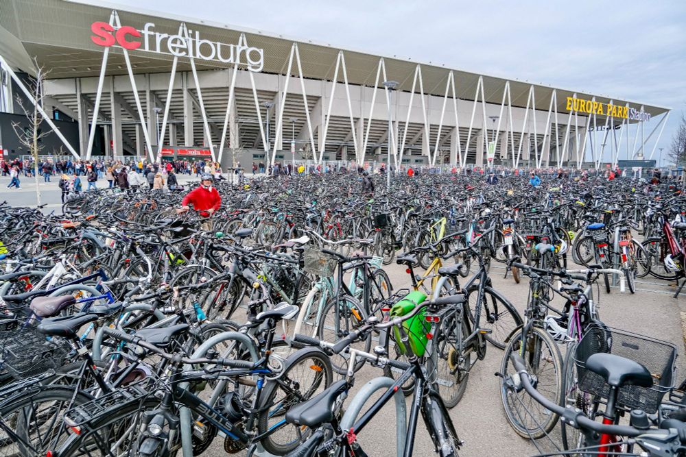 Hundreds of parked bikes sit outside Europa-Park Stadium, home of SC Freiburg.