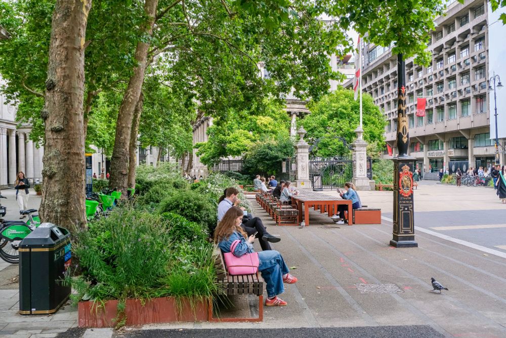 People of all ages and abilities walk, cycle, sit, and socialise on the Strand Aldwych—a former arterial turned pedestrian zone in London, which is lined with buildings, trees, flowers and plantings, benches, and terraces.