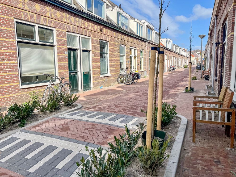 People walk along a “woonerf” or “living street” lined with trees, plants, lampposts, benches, and two-storey brick buildings in Delft, The Netherlands.