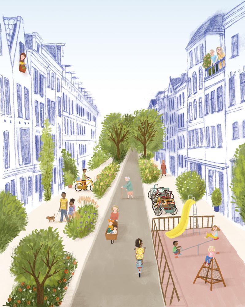 An illustration of a car-free street is lined with trees, vegetation, playgrounds, buildings, and people of all ages and abilities walking and cycling.