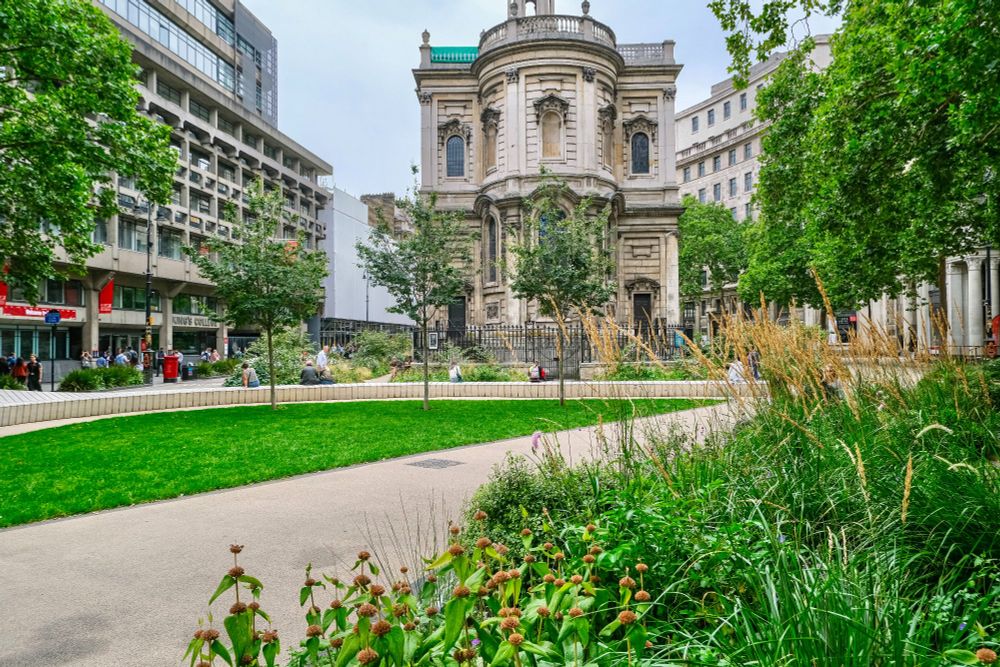 People of all ages and abilities walk, cycle, sit, and socialise on the Strand Aldwych—a former arterial turned pedestrian zone in London, which is lined with buildings, trees, flowers and plantings, benches, and terraces.