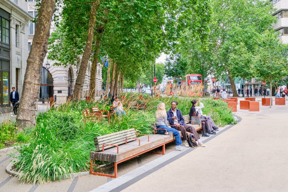 People of all ages and abilities walk, cycle, sit, and socialise on the Strand Aldwych—a former arterial turned pedestrian zone in London, which is lined with buildings, trees, flowers and plantings, benches, and terraces.