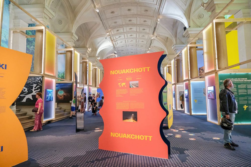 Photographs of “From Paris to Belém”, an interactive visual exhibition celebrating a decade of urban transformation in the fight against climate change, which is being curated by the City of Paris in the Hôtel de Ville.