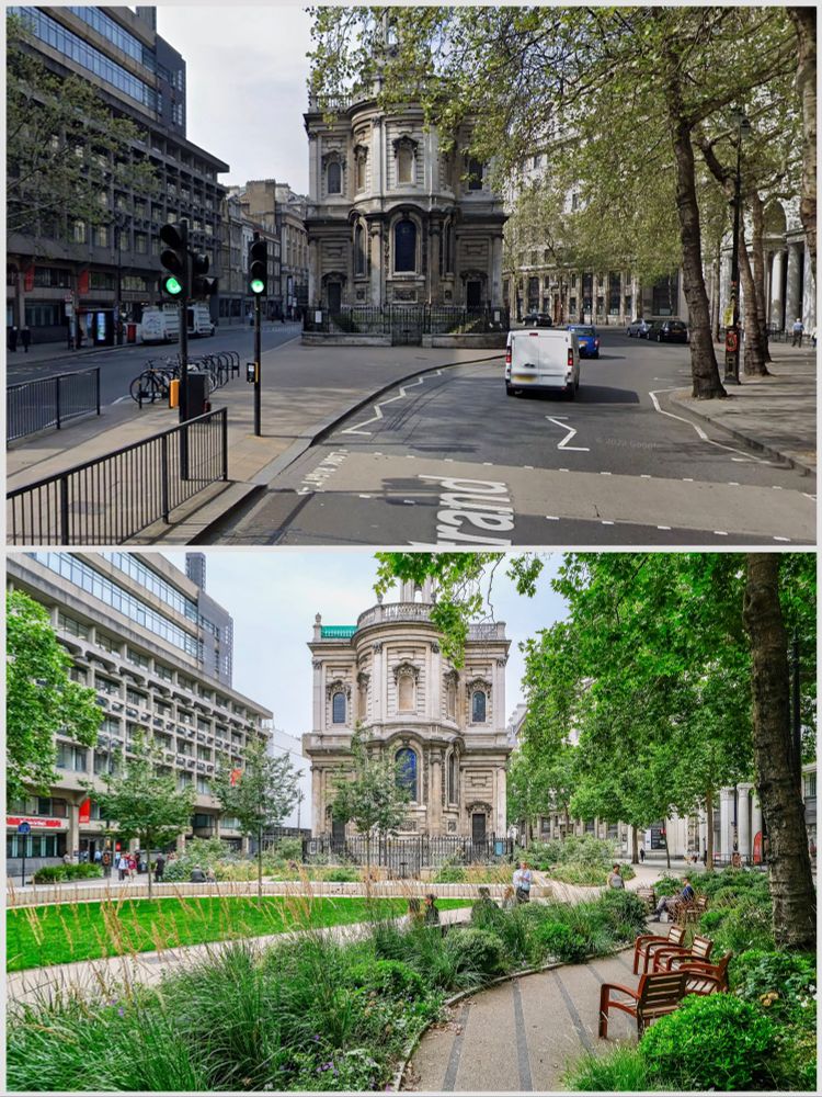 A before and after collage of a street in central London. The before is an asphalt-dominated three-lane thoroughfare. The after a lush green pedestrian zone with seating.