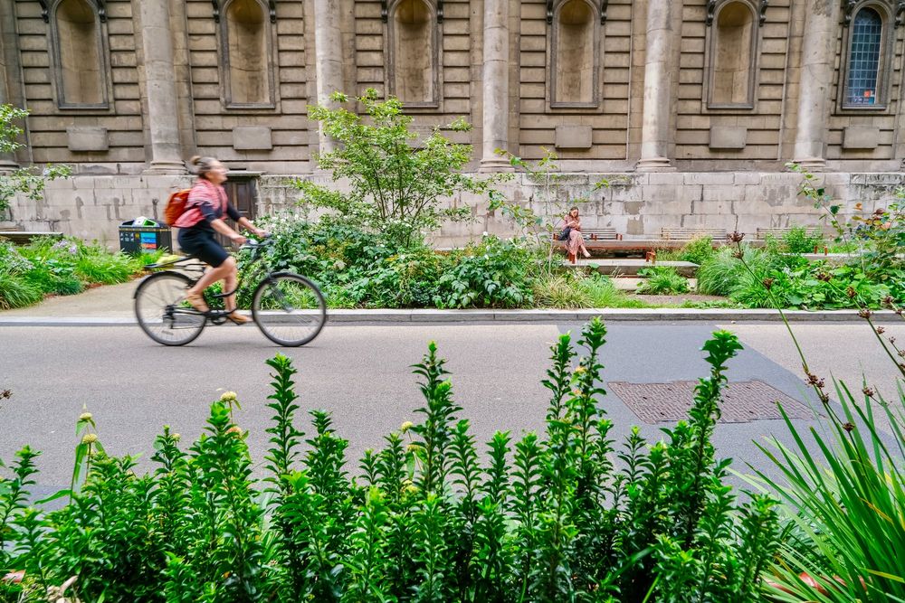 People of all ages and abilities walk, cycle, sit, and socialise on the Strand Aldwych—a former arterial turned pedestrian zone in London, which is lined with buildings, trees, flowers and plantings, benches, and terraces.
