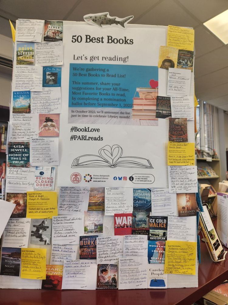 a bulletin board covered with small pictures of book covers, with the readers comments posted next to the image, first of 3 panels!