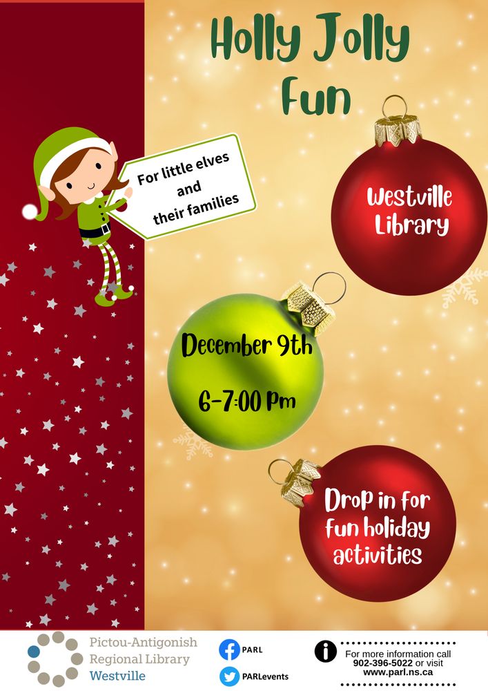 Holly Jolly Fun
Westville Library, Tues Dec 9, 6pm to 7pm
drop in for fun holiday activities

image of 3 Christmas bulbs, and a green Christmas elf, on a golden and red background with white snowflakes
