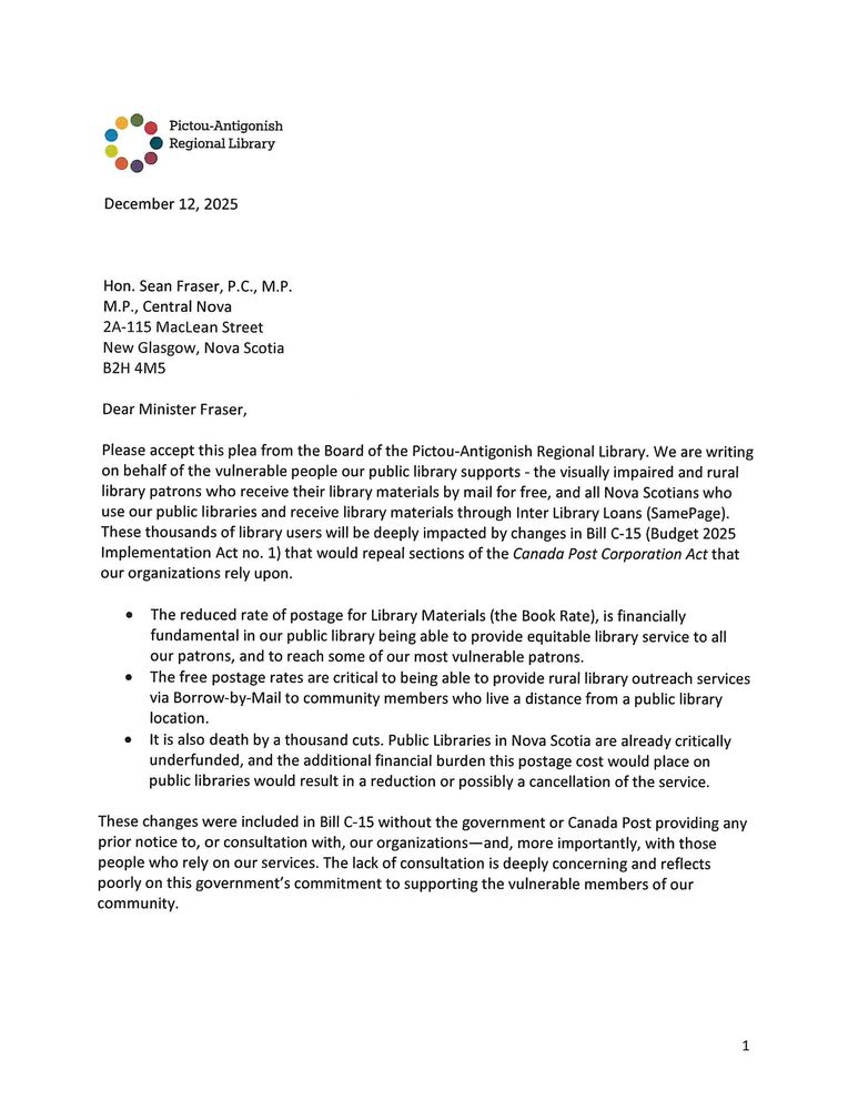 a typed letter to Minister Fraser, in support of the Library Book Rate, through Canada Post to support critical library services.   (page one)