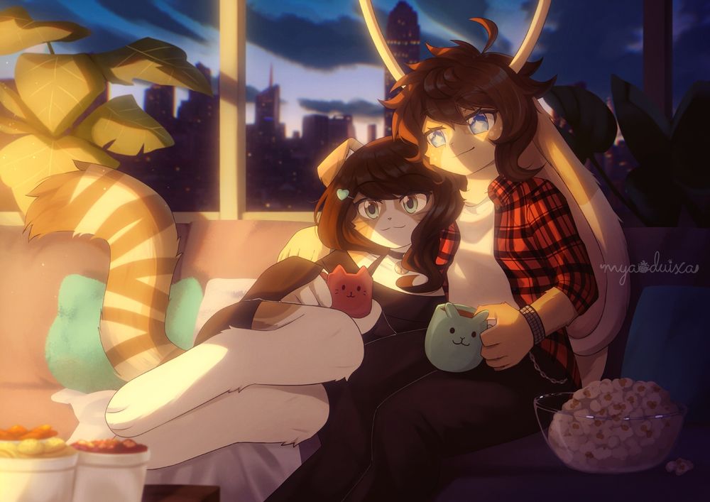 A Scottish fold cat girl and a Jackalope boy watching movies together in a dark room with warm lighting coming from their right.
