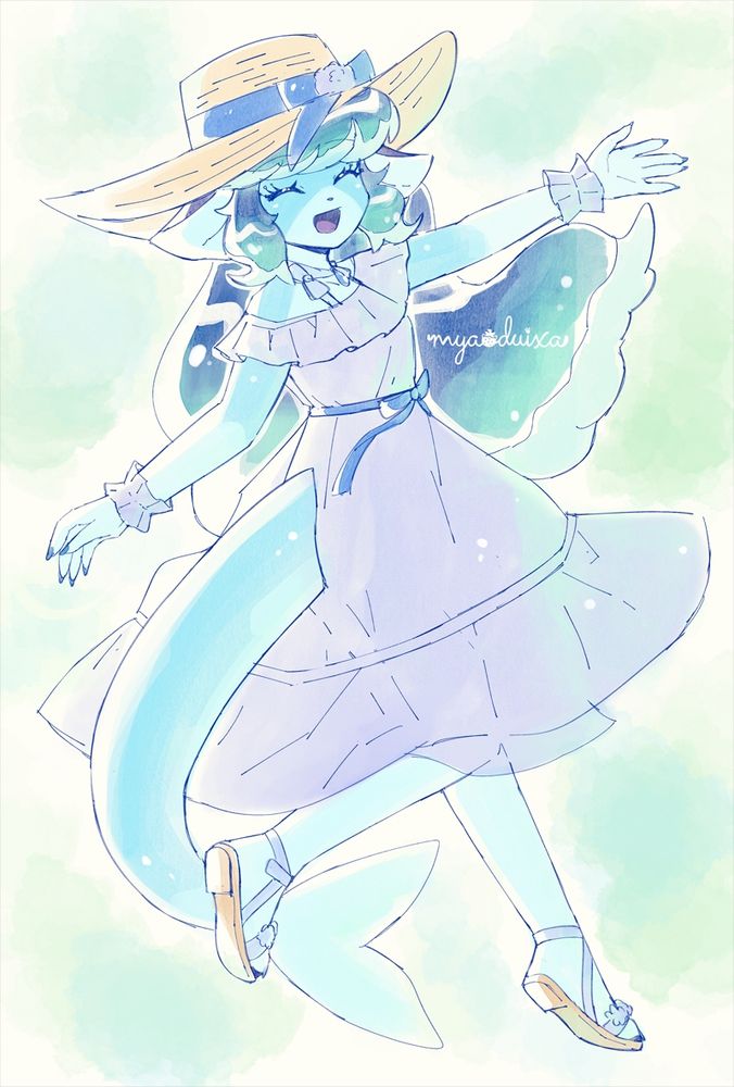 Mutya in a white sundress and straw hat on top of her head. Her facial expression is happy and eyes closed.