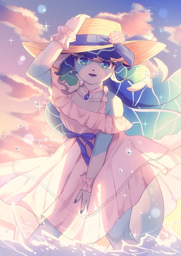 Tags: female, merdog, canine, dog, fantasy, mermaid, casual, dress, water, clouds

Mutya in a sundress and wearing a straw hat. She's partially submerged in water. The sky indicates it's evening or sunset.