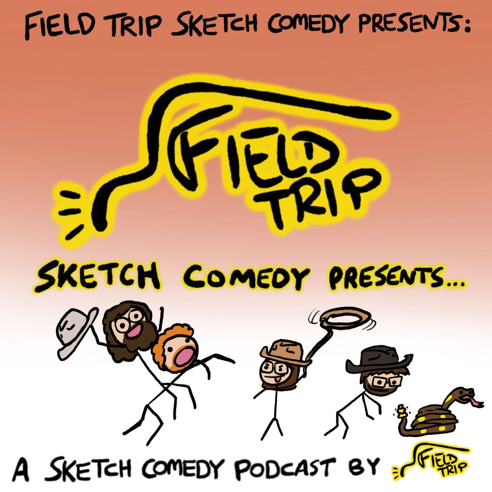 The field trip logo. Max is riding Jamie's back, as Jamie rears like a wild horse. Laura twirls a lasso above her head. Evan investigates a rattlesnake. All are dressed as cowpokes.