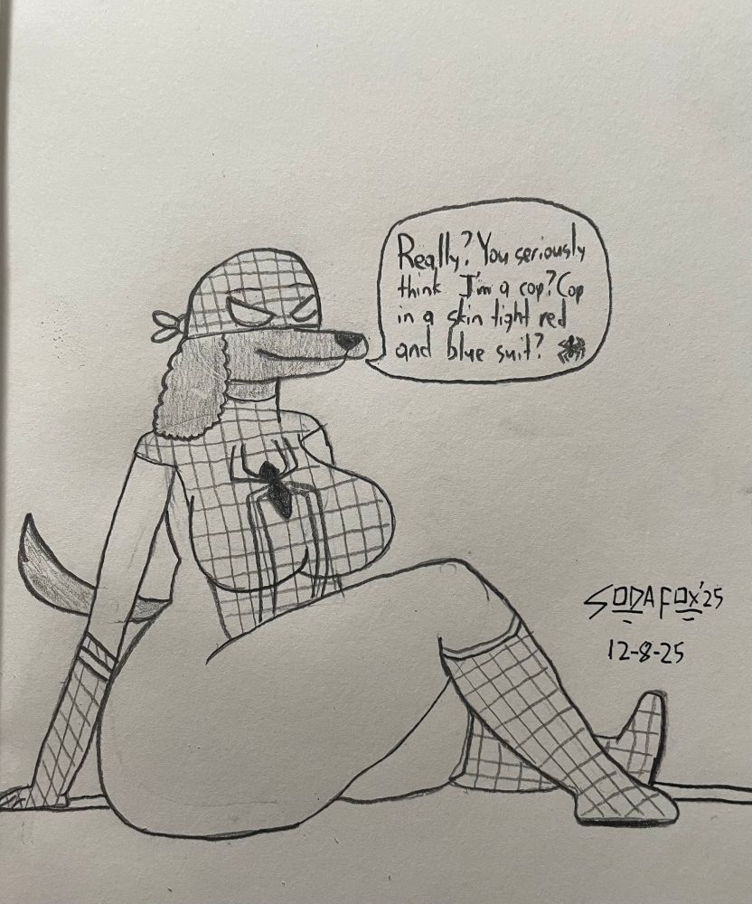 Naomi, my American Water Spaniel oc, cosplaying as Spider-Woman. Her costume is loosely based on the suit from The Amazing Spider-Man (2012), as evidenced by certain motifs and her dialogue. 
