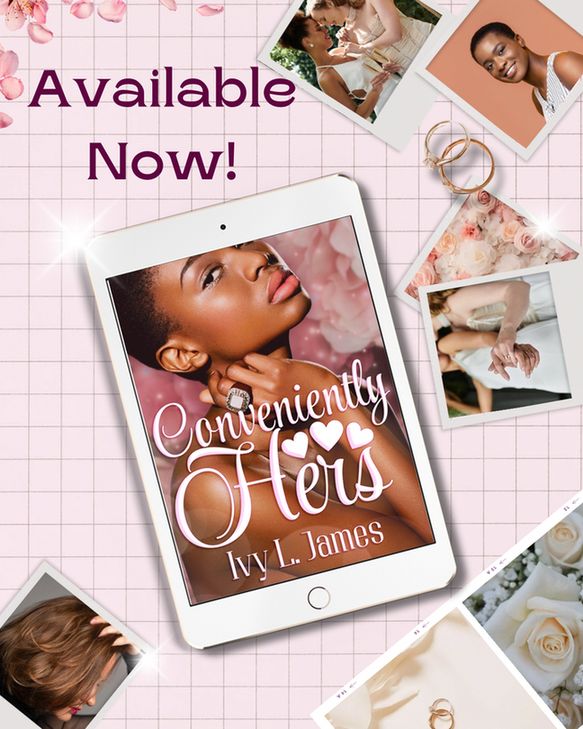 ConvenientlyHers is out now! A tablet with the book cover is surrounded by wedding photos of two women, plus two engagement rings. 